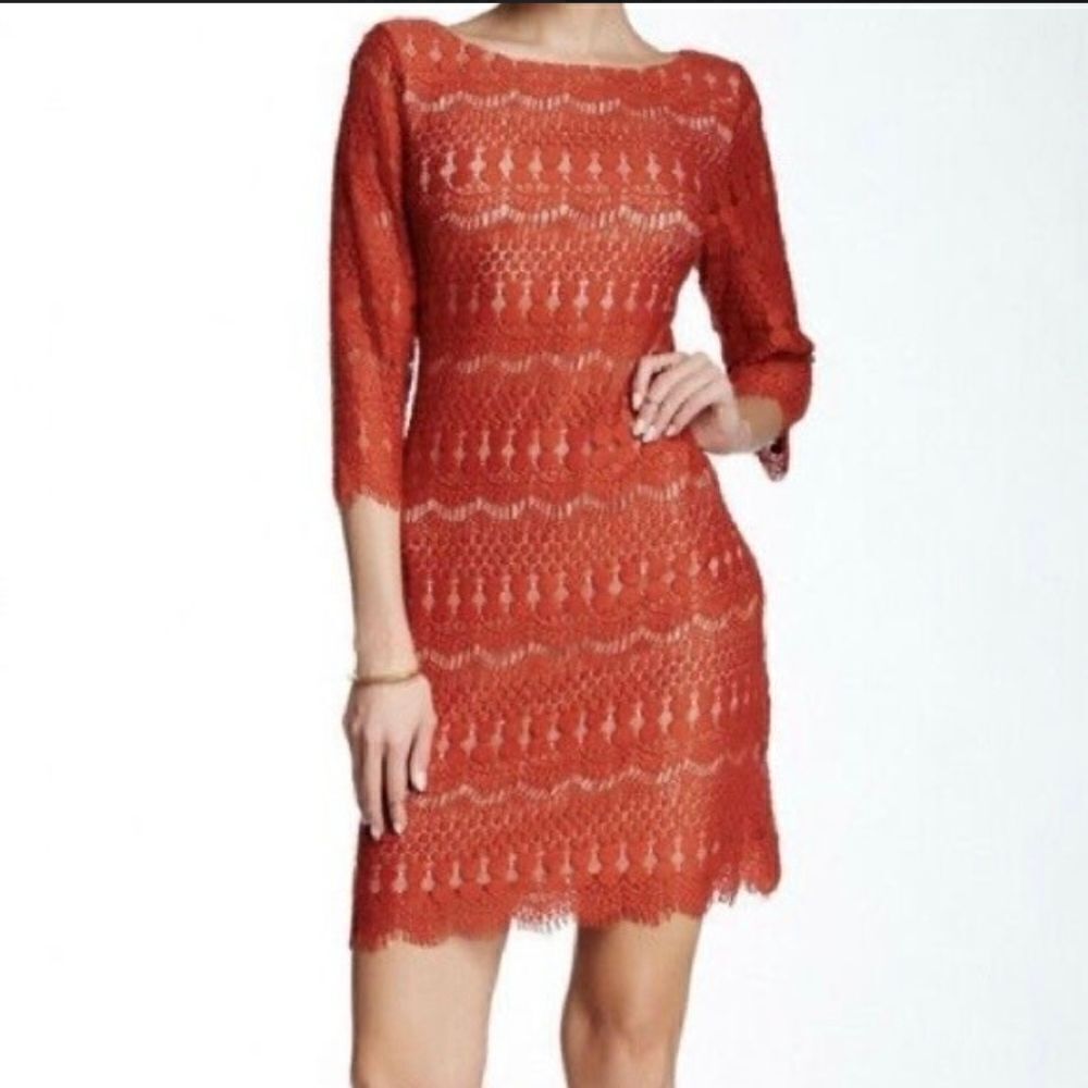 Eliza J Orange Embroidered Lace Overlay Boatneck Sheath Dress 6